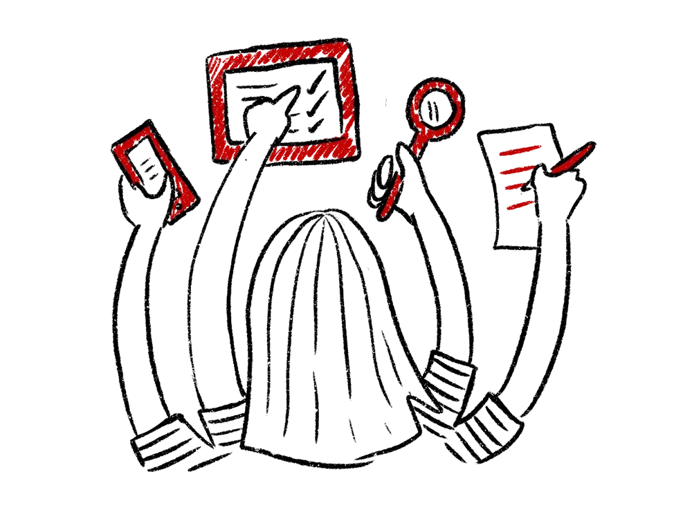 Virtual CEO multitasking with multiple arms holding a tablet, magnifying glass, document, and phone — representing Nucleus's vCIO advisory services